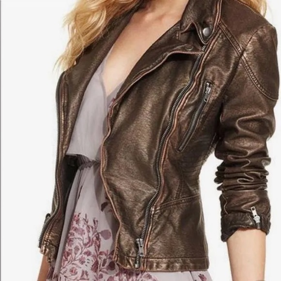 Free People Vegan Leather Bronze Metallic Biker Jacket - Picture 2 of 10